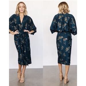 Baltic Born Teal Floral Kimono Sleeve Midi Dress NWT Medium Surplice Stretch